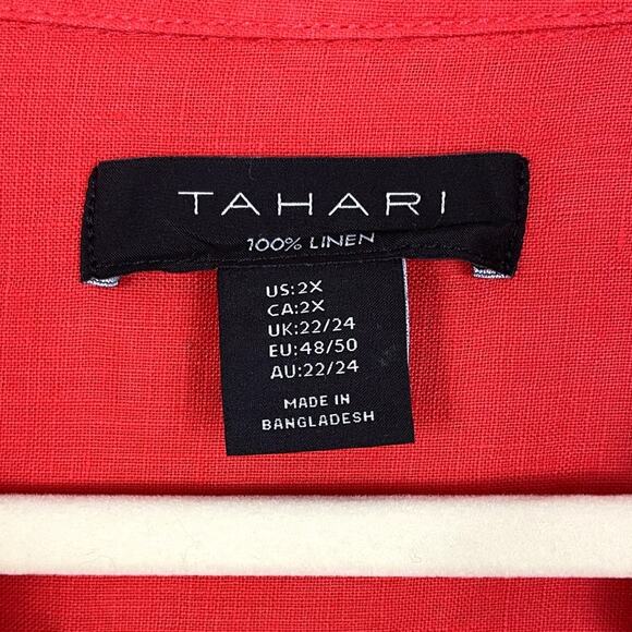 Tahari 100% Linen V-Neck Tunic Top Coral Red Sz 2X Effortless Timeless Vacation - Picture 7 of 8
